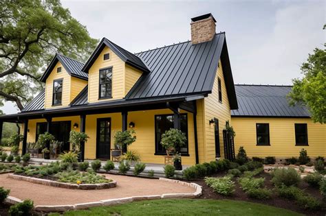 yellow brick house with metal roof|yellow house with metal roof.